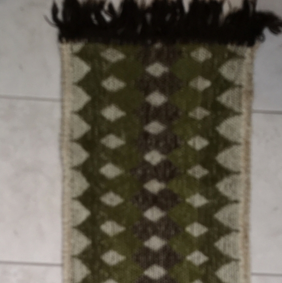 70S MCM reproduction GREEN/BROWN chenille geometric Argyll fringed table runner - Picture 3 of 5